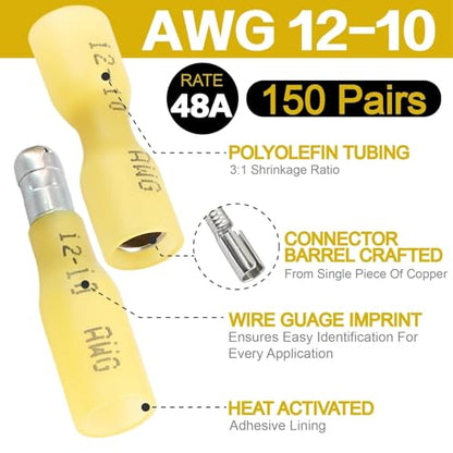 300PCS Heat Shrink Bullet Connectors,12-10 Gauge Wire Butt Waterproof Quick Disconnect Male & Female Electrical Butt Terminals Kit for Automotive,Boat,Marine Wiring & DIY Wire Repair - size: AWG 12-10