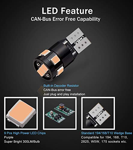 300LM Extremely Bright Canbus Error Free 194 168 2825 W5W T10 LED Bulbs Purple 9-SMD 2835 Chipsets for Dome Map Door Courtesy License Plate Lights(Pack of 4) - color: purple