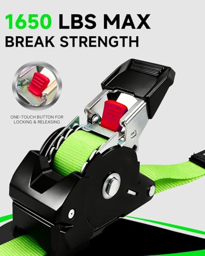 Retractable Ratchet Straps 4-Pack, 1” x 10ft Self Retracting Tie Down Straps with 1,650lb Break Strength, Auto Cargo Straps for Motorcycle, Kayak, ATV, Truck Bed & Cargo Transport (Green) - color: Black Green