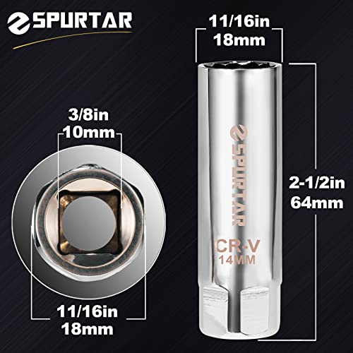 Spurtar 14mm Spark Plug Socket 3/8-inch Drive Thin Wall Magnetic Spark Plug Socket - 12-Point Design Compatible with BMW, Mercedes, Nissan, Mini Motorcycle, SUV, Car - size: 14mm Magnetic