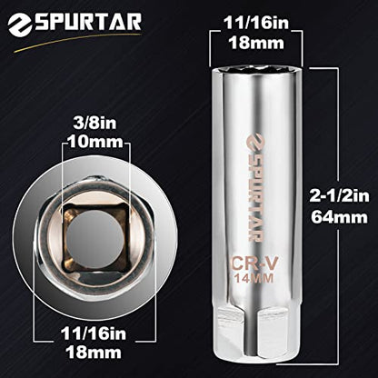 Spurtar 14mm Spark Plug Socket 3/8-inch Drive Thin Wall Magnetic Spark Plug Socket - 12-Point Design Compatible with BMW, Mercedes, Nissan, Mini Motorcycle, SUV, Car - size: 14mm Magnetic