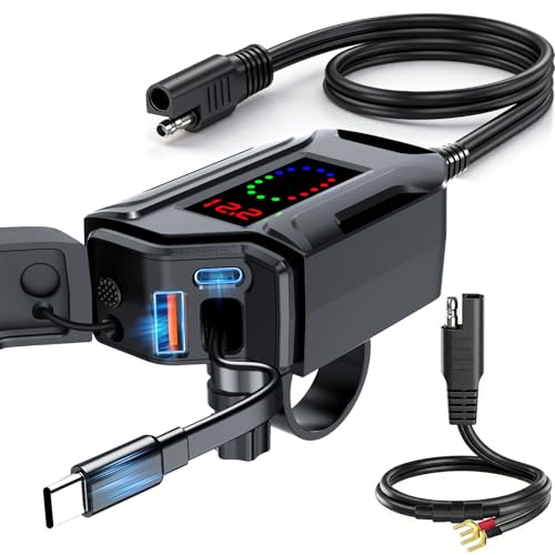 Motorcycle USB Charger, 3-in-1 Fast Charging with USB-A & USB-C + Retractable Type-C Cable, 12–24V Waterproof IP56, LED Voltmeter, Handlebar & Mirror Mount for Motorbike ATV