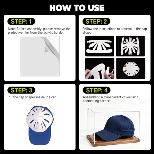 Hat Display Case, Clear Acrylic Baseball Cap Display Box Stand, UV Protection Signed Hat Transparent Showcase with Solid Wood Base Risers & Hat Shaper, Ideal Gift for Caps Collector - size: 13.9ln×4.8ln×1.4ln