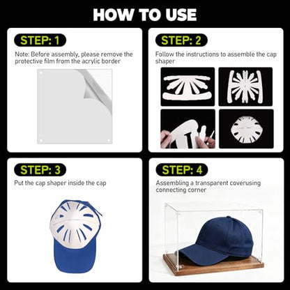 Hat Display Case, Clear Acrylic Baseball Cap Display Box Stand, UV Protection Signed Hat Transparent Showcase with Solid Wood Base Risers & Hat Shaper, Ideal Gift for Caps Collector - size: 13.9ln×4.8ln×1.4ln