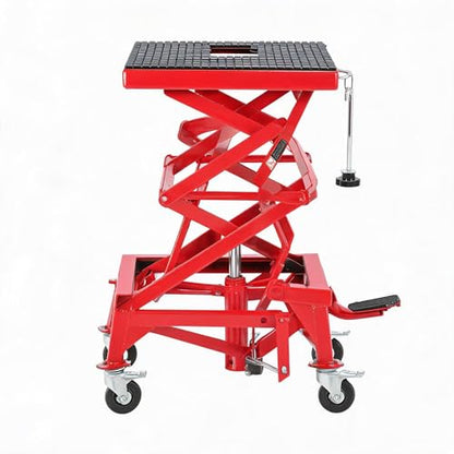 350 Lbs Heavy Duty Hydraulic Motorcycle Scissor Lift Jack Table - Wide Rubber Deck with j-Hooks, Foot Operated Portable Hoist Stand with Swivel Locking Wheels for Dirt Bike, ATV, UTV & Cruiser, Red