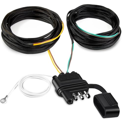 22FT 4 Pin 5 Wire Trailer Wiring Harness Protected by Nylon Net Tube, Utility Pure Copper Boat Trailer Wiring Kit for Trailer Tail Light Rewiring, Waterproof 4 Pin 5 Wire Trailer Connector