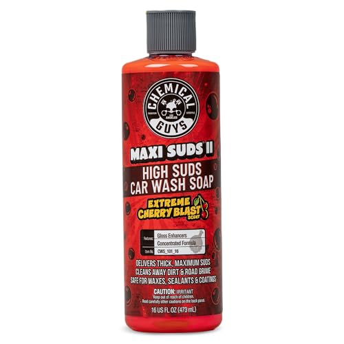 Chemical Guys CWS_101_16 Maxi-Suds II Foaming Car Wash Soap (Works with Foam Cannons, Foam Guns or Bucket Washes) Safe for Cars, Trucks, Motorcycles, RVs & More, 16 fl oz, Cherry Scent - size: 16 Fl Oz (Pack of 1), style: Only