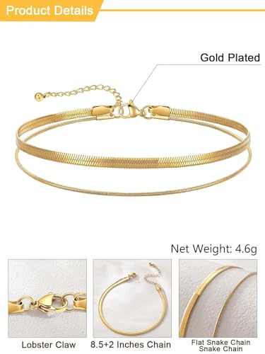 U7 Silver/Gold Ankle Bracelets for Women Layered Chain Anklets Stainless Steel Waterproof Summer Beach Anklet Cham, Adjustable 8.5"-10.5" - color: Gold - Flat Snake Chain+Snake Chain