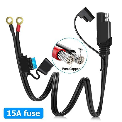 BESULEN 18AWG Battery Connector Cable, SAE Quick Disconnect Plug to O Ring Terminal Harness With 10A Protection Fuse, Extension Cable for Motorcycle Car