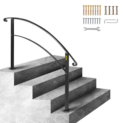VEVOR 4-Step Handrail Fits 1 or 4 Steps Matte Black Stair Rail Wrought Iron Handrail with Installation Kit Hand Rails for Outdoor Steps - size: Black 3-4 Step, style: Style1 - Curved