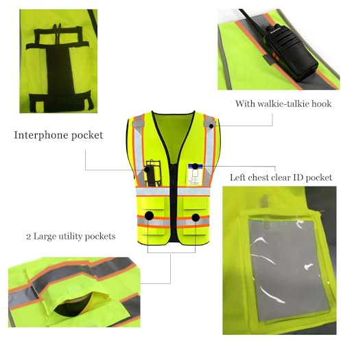High Visibility Reflective Safety Vest with Pockets Custom Your Logo Safety Workwear - color: Luminous Black Green Webbing, size: Large