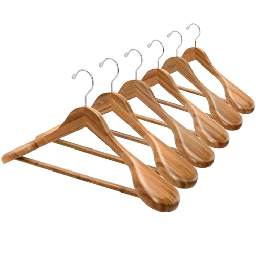 Amber Home 6 Pack Wide Shoulder Bamboo Wood Suit Coat Hangers, Wooden Clothes Hangers with Pants Bar, Heavy Duty Jacket Hangers for Dress, Pants, Heavy Clothes - size: Bamboo
