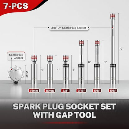 BILITOOLS 7 Piece Magnetic Swivel Spark Plug Socket Set with Gap Tool, 3/8-Inch Drive, 9/16'', 5/8'', 14mm, 16mm, 6 & 12 Point, CR-V