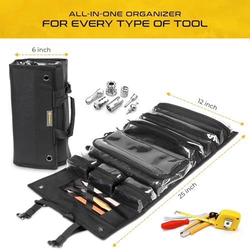 Heavy-Duty Roll Up Tool Bag Organizer w/Transparent Pockets for Quick View & Easy Access. 7 Reinforced Pockets w/Zippers, Multiple Carrying & Hanging Handles, Elastic Organizers & Adjustable Strap - style: Black - Classic Roll Up