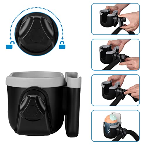 Accmor Stroller Cup Holder with Phone Holder, Bike Cup Holder, Universal Cup Holder for Uppababy Nuna Doona Strollers, 2-in-1 Cup Holder for Walker, Wheelchair, Scooter - color: Mix Grey