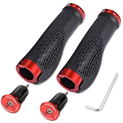 TOPCABIN Ergonomic Bike Grips - Widen Holding Rubber Grips with Aluminum LockGrips for Mountain & Road Bikes - color: (Aluminum lock plug+Grips) Red 1 Pair