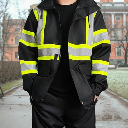 KARXICIY ZUJA Hi Vis Reflective Safety Jacket for Men Women Construction Jacket with Hood High Visibility Safety Rain Jacket - color: Black Rain Suit, size: Large
