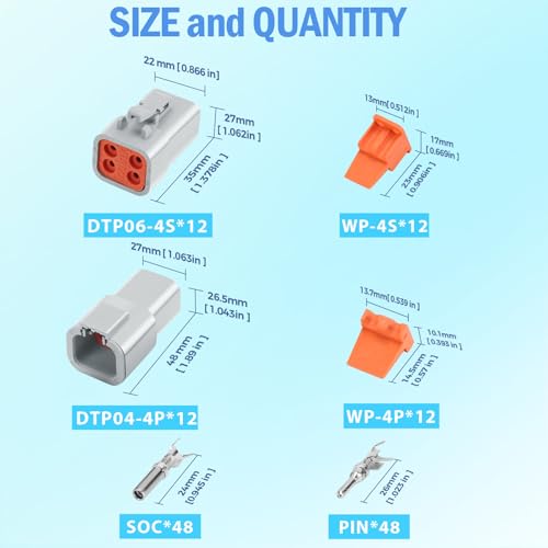 72 PCS Deutsch DTP Connector Kit 4 Pin Automotive Waterproof Electrical Connectors 6 Sets with Size 12 Solid Contacts Gauge 14-12 AWG Wire Size,25A - size: DTP 4 pin