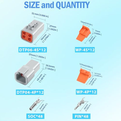 72 PCS Deutsch DTP Connector Kit 4 Pin Automotive Waterproof Electrical Connectors 6 Sets with Size 12 Solid Contacts Gauge 14-12 AWG Wire Size,25A - size: DTP 4 pin