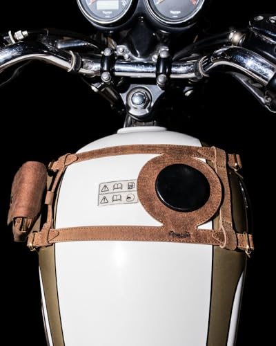 Trip Machine Company Genuine Leather Motorcycle Fuel Tank Strap – Heavy Duty Adjustable Horizontal Tank Mount Cover for Right Side Fuel Inlet Bikes (Only Tank Strap, Brown) - color: Tobacco Brown, style: Only Tank STrap