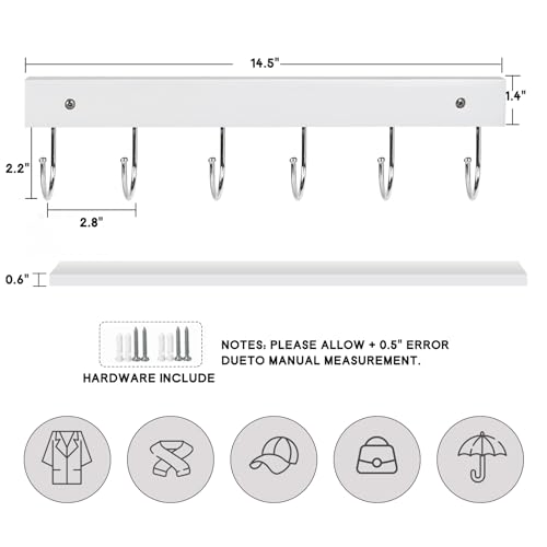 2 Pack Coat Rack Wall Mount with 12 Rotating 180° Coat Hooks, 14.6" Rustproof Wooden Entryway Organizer, Wall Hooks for Hanging Coats, Purse, Hats, Jackets, Towels, Space Saving Hanger (White) - color: White