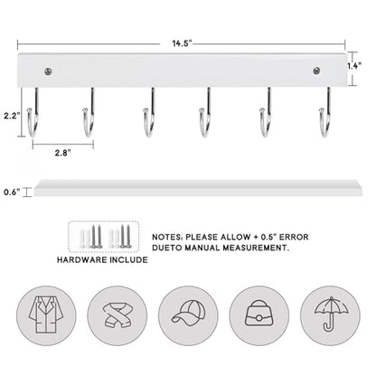 2 Pack Coat Rack Wall Mount with 12 Rotating 180° Coat Hooks, 14.6" Rustproof Wooden Entryway Organizer, Wall Hooks for Hanging Coats, Purse, Hats, Jackets, Towels, Space Saving Hanger (White) - color: White