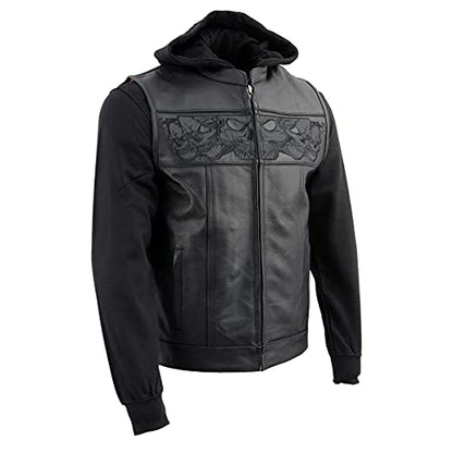 Milwaukee Leather MLM3563 Men's Leather Vest w/Removeable Hoodie - Black 2 in 1 Reflective Skulls Motorcycle Vest - Medium - size: Medium