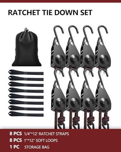 VIPARSPECTRA Ratchet Tie Down Straps, 1/4" Adjustable Rope Hangers [8 Pack, 12FT, 150 lbs/Pack], Heavy Duty Kayak Pulley System with Hooks for Garage Cargo Trucks Tents Grow Lights Various Lashing - size: 1/4" 8-Pack