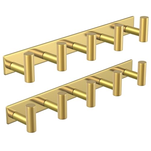 PMMASTO Coat Rack Wall Mounted, 5 "T Shaped Wall Hooks for Hanging, Heavy Duty Stainless Steel Coat Hook Rail for Hat Towel Robes in Bathroom Kitchen Mudroom Entryway (Gold, 2 Pack) - color: Gold, size: 5 "T" Hooks, 2PACK