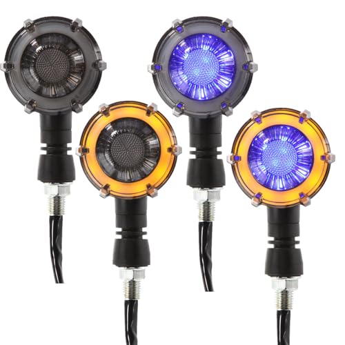 4Pcs Universal 10mm Motorcycle Turn Signal 3-Wires 18LED Blue/Amber Sequential Flowing Indicators with DRL Switchback Glow Fits Harley/Honda/Kawasaki, Street/Cruiser/Dirt Bike