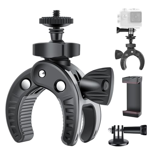 UTEBIT Camera Mount Clamp, Umbrella Clamp Motorcycle Camera Pole Mount Desk Holder Accessories, 360° Ballhead 1/4" Thread Holes with Phone Tripod Mount, Super Clamp for Gopro/DSLR/Stabilizer - color: Black