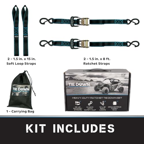 Tie Down 1.5 inch x 8 ft Black Heavy Duty Ratchet Strap, 2-Pack Kit - 5208 lbs. Breaking Load Limit - color: Black, size: 2-Pack