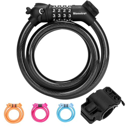 Bike Lock, 3.9 Feet 4-Digit Resettable Combination Password Anti-Theft Cable Lock, Cute Coiled Bike Lock with Mounting Bracket, Suitable for Bicycles, Electric Scooters, Ebikes (Black-12mm) - color: Black-12mm