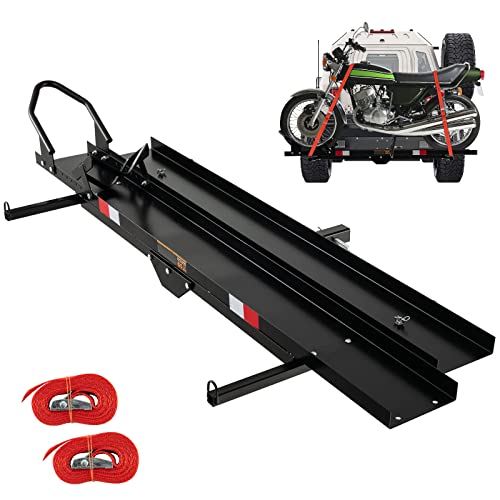 Goplus Motorcycle Hitch Carrier, 600LBS Motorcycle Carrier Hitch Mount with 2 Straps, Loading Ramp, Dirt Bike Trailer, Heavy Duty Motor Cycle Rack, Fit Up to 7.5” Wide Tire