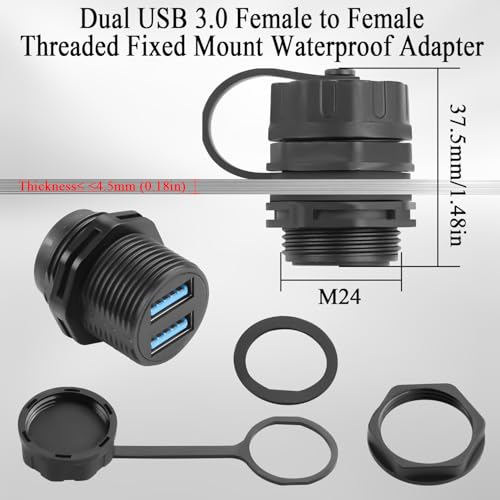QIANRENON Dual USB3.0 Threaded Fixed Waterproof Connector 5Gbps Dual USB 3.0 Female to Female Bulkhead Mount Adapter 2 USB Port Front Panel Mount Socket 5V1.5A IP68, for Extend 2 USB Port