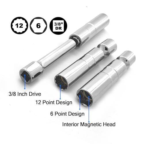 7PCS Magnetic Spark Plug Socket Set Includes 5/8" x 4", 5/8" x 8" and 5/8" x 11" 6-Point, 9/16" x 6" and 14mm x 4" 12-Point Sockets 3/8-inch Drive Magnet Retains Spark Plugs 1/4 and 1/2 Adapters - size: 7PCS Set