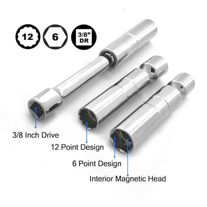 7PCS Magnetic Spark Plug Socket Set Includes 5/8" x 4", 5/8" x 8" and 5/8" x 11" 6-Point, 9/16" x 6" and 14mm x 4" 12-Point Sockets 3/8-inch Drive Magnet Retains Spark Plugs 1/4 and 1/2 Adapters - size: 7PCS Set