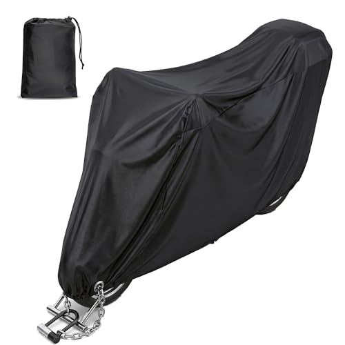 1 PC Motorcycle Cover, 190T Polyester Motorbike Cover with Storage Bag, Weather-resistant Outdoor Protector with Lock Holes, Universal for Most Motorcycles (Black)