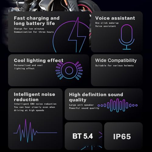 Docooler BT5.4 Motorcycle Helmet Headset with Color Ambient Lights, Wireless Motorcycle Earphone with FM Radio, LCD Display, Noise Reduction, Voice Assistant, Hard Soft Microphone, IP65