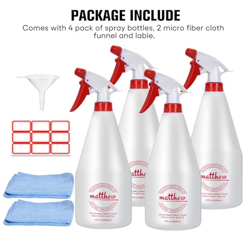 Matthew Cleaning 32 oz Plastic Spray Bottles, Professional Chemical Resistant Heavy Duty Spray Bottles for Chemicals, Cleaner, Bleach, Solvent Safe, Adjustable Nozzle and Measurement, 4 Pack - size: 4 Pack