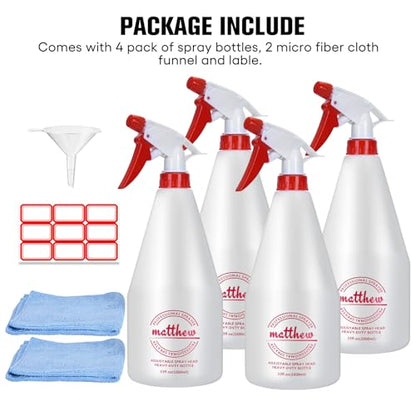 Matthew Cleaning 32 oz Plastic Spray Bottles, Professional Chemical Resistant Heavy Duty Spray Bottles for Chemicals, Cleaner, Bleach, Solvent Safe, Adjustable Nozzle and Measurement, 4 Pack - size: 4 Pack