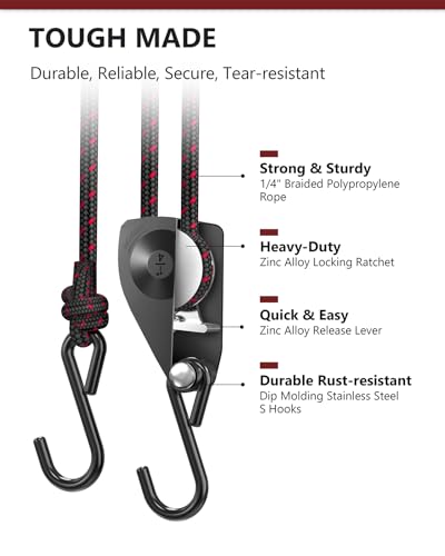 VIPARSPECTRA Ratchet Tie Down Straps, 1/4" Adjustable Rope Hangers [2 Pack, 12FT, 150 lbs/Pack], Heavy Duty Kayak Pulley System with Hooks for Garage Cargo Trucks Tents Grow Lights Various Lashing - size: 1/4" 2-Pack