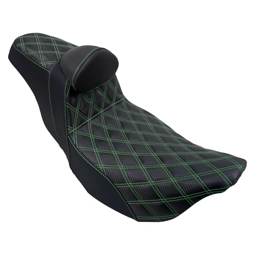One-Piece Driver Passenger Seat Motorcycle 2-up Seat With Driver Backrest Cushion Pad Fit for Harley Touring Electra Glide Road King Road Glide Street Glide 2009-2023 (Green Stitching) - color: Green Stitching w/Driver Backrest