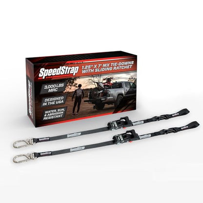 SpeedStrap Motorcycle Tie-Downs with Adjustable Sliding Ratchet (2-Pack) 1.25 Inch x 7 Feet (3,000lb MRC) - Moto Tie Down Straps with Swivel Carabiner, Built-in Soft Ties & Safety S-Hooks - Black | Adjustable Sliding Ratchet, Swivel Carabiner, Built-In So