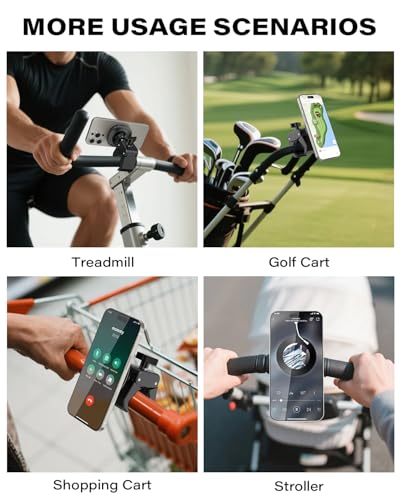 OQTIQ Phone Holder for Peloton Exercise Bike, Heavy-Duty Clamp & 17 N54 Strong Magnetic Phone Mount for Treadmill, Spin Bike, Golf Push Cart, Stroller, Fit for MagSafe iPhone 12-17 Series