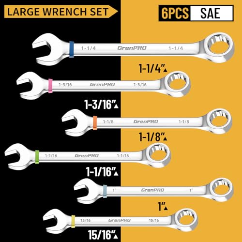 GRENPRO Large Wrench Set, SAE Wrench Set With Color Ring, 7PCS 15/16", 1", 1-1/16", 1-1/8", 1-3/16", 1-1/4" Long Big Open End Wrench Tools Set Roll Up Pouch Organizer, 12 PT Combination Wrenches Sets - style: SAE Wrench Set Large With Color Ring