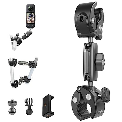 Dual-Ball Clamp Mount + Adapter for GoPro Insta360 + Phone Clip, Bike Motorcycle Handlebar Extension Stick Pole Holder Attach Accessories for Go Pro Max Hero 13 12 11 10Insta 360 X5 Go3 DJI Action 4