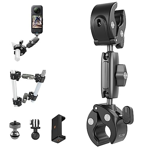 Dual-Ball Clamp Mount + Adapter for GoPro Insta360 + Phone Clip, Bike Motorcycle Handlebar Extension Stick Pole Holder Attach Accessories for Go Pro Max Hero 13 12 11 10Insta 360 X5 Go3 DJI Action 4