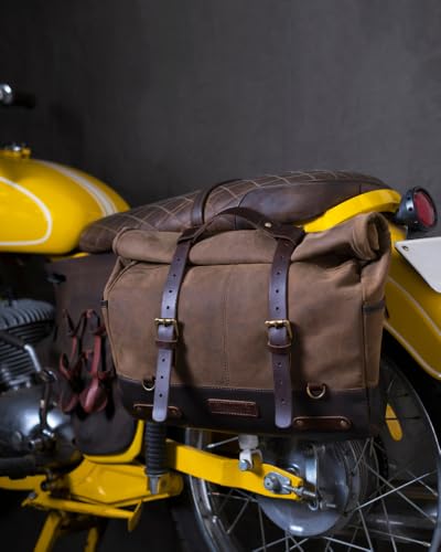 Trip Machine Company Outlaw Leather Motorcycle Saddlebag – 17L Roll Top Luggage Bag with Mounting Straps, Shoulder Strap & Waterproof Rain Cover (Dark Brown/Tobacco) - color: Dark Brown/ Tobacco