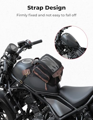 KEMIMOTO Motorcycle Tank Bag, Retro Expandable Storage Thigh Bag Leg Bag with Leg Strap, Waterproof Touch Screen Protector for Mobile Phones, Oil Waxed Canvas Material, Black 8.5L